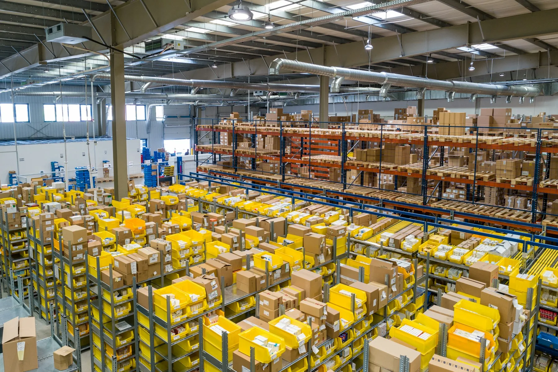 Warehouse aisle with medical supply stock